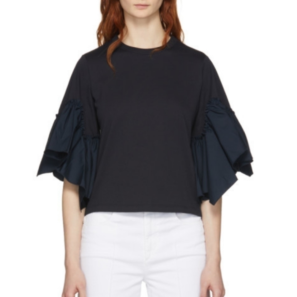 See By Chloe | Navy Ruffle Sleeve T-Shirt